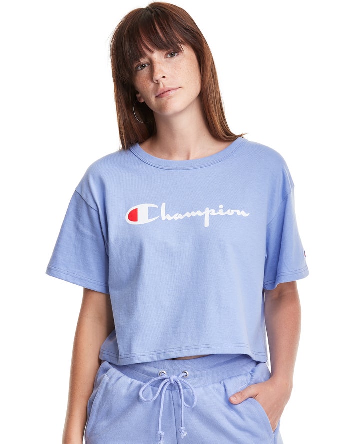 Champion Dame T-Shirts LyseBlå - Heritage Cropped Script Logo - Danmark XOI-106273